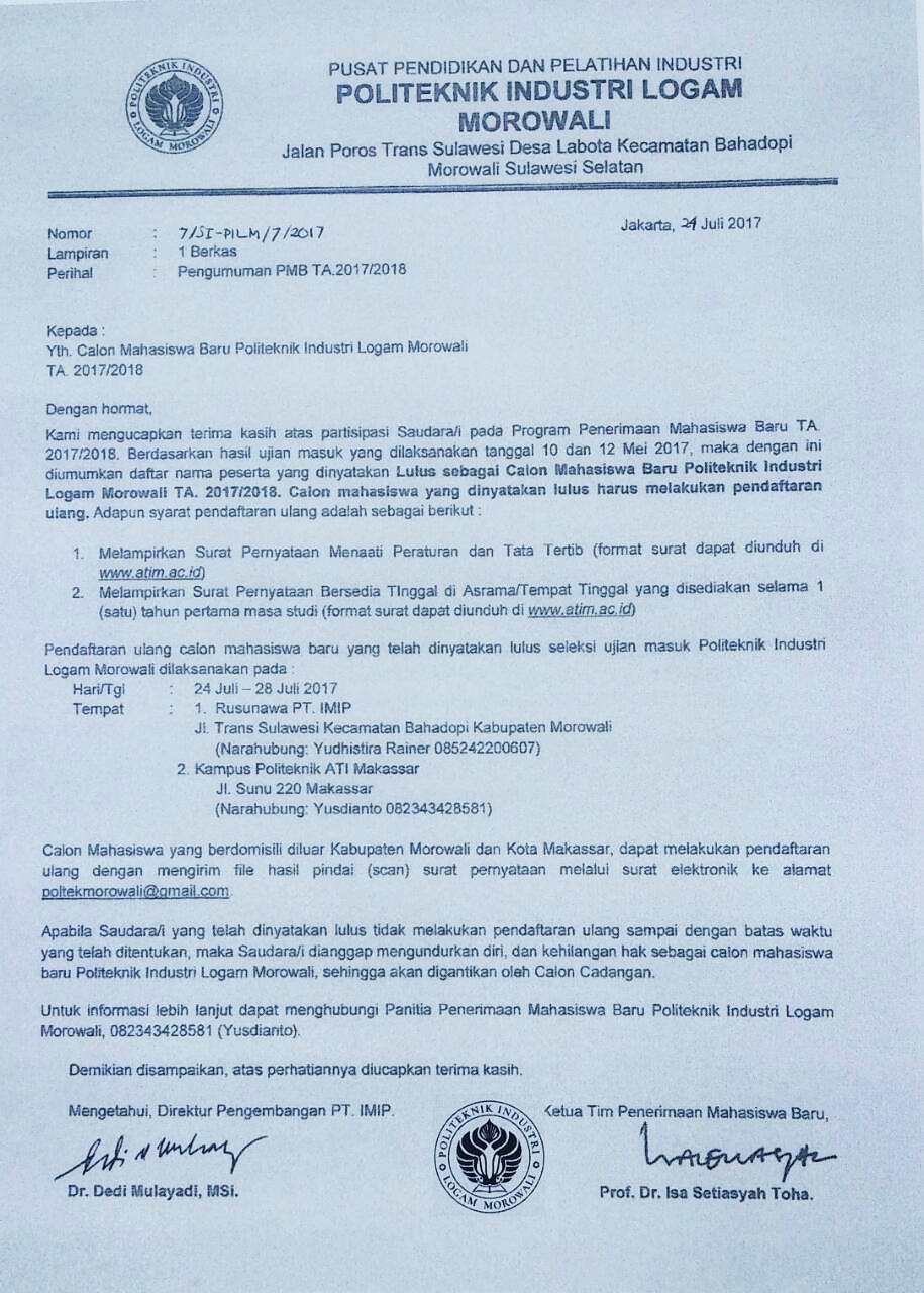 Pengumuman Seleksi Penerimaan Mahasiswa Baru Politkenik Industri Logam Morowali TA 2017/2018