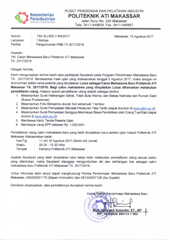 Pengumuman Tes Penerimaan Mahasiswwa Baru Gel Ke-2 Politeknik ATI Makassar