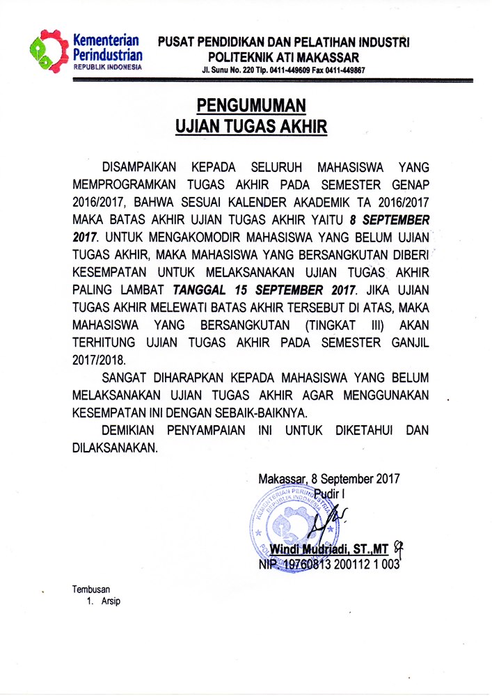 Pengumuman Jadwal Ujian Tugas Akhir TA 2016/2017