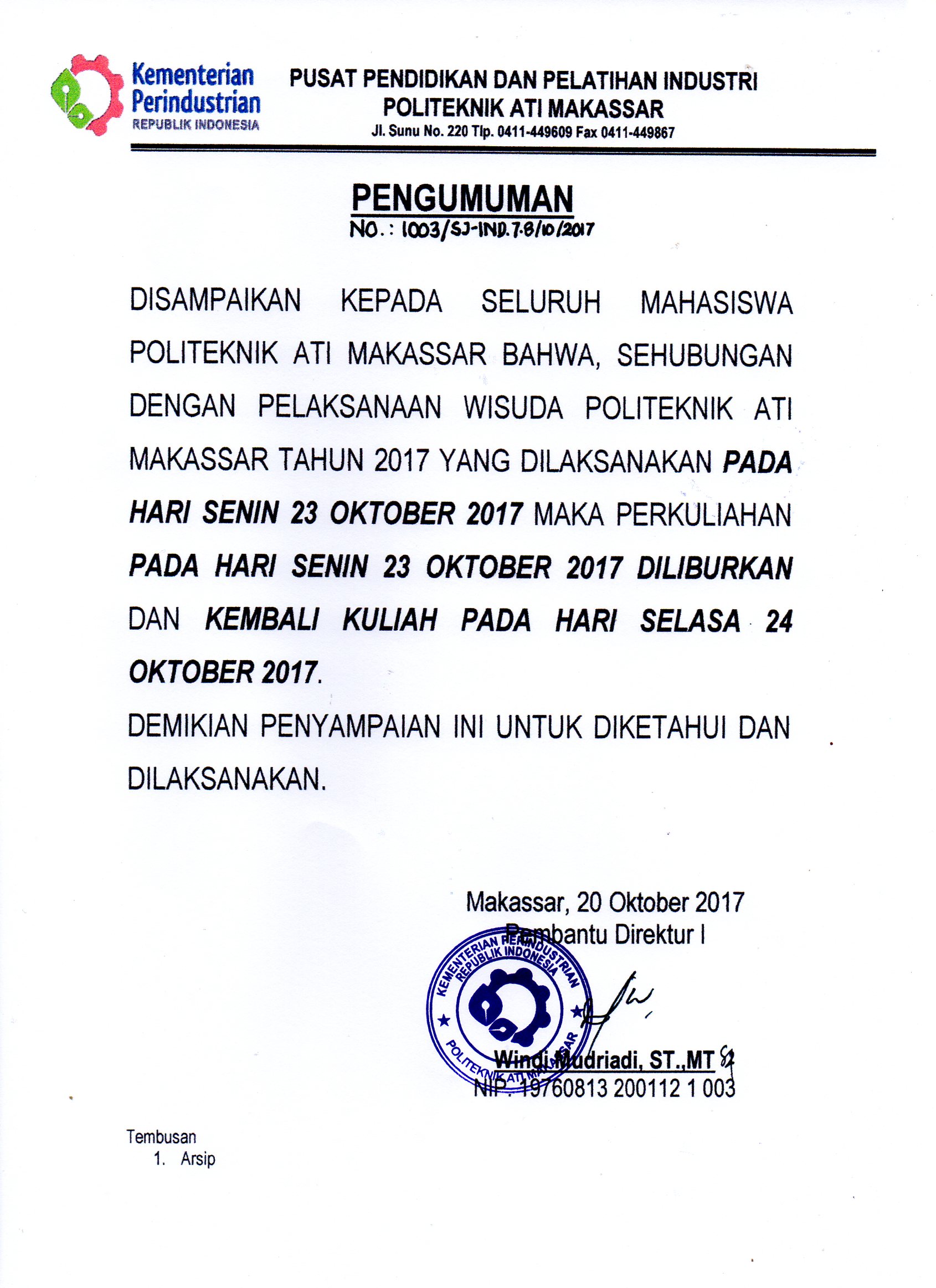 Pengumuman Perkuliahan dalam rangka Wisuda