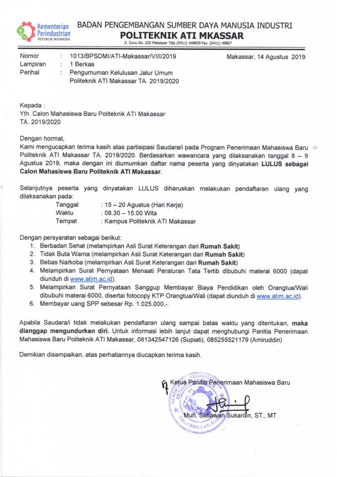 Pengumuman Hasil Tes Jalur Umum Gel.2 TA.2019/2020