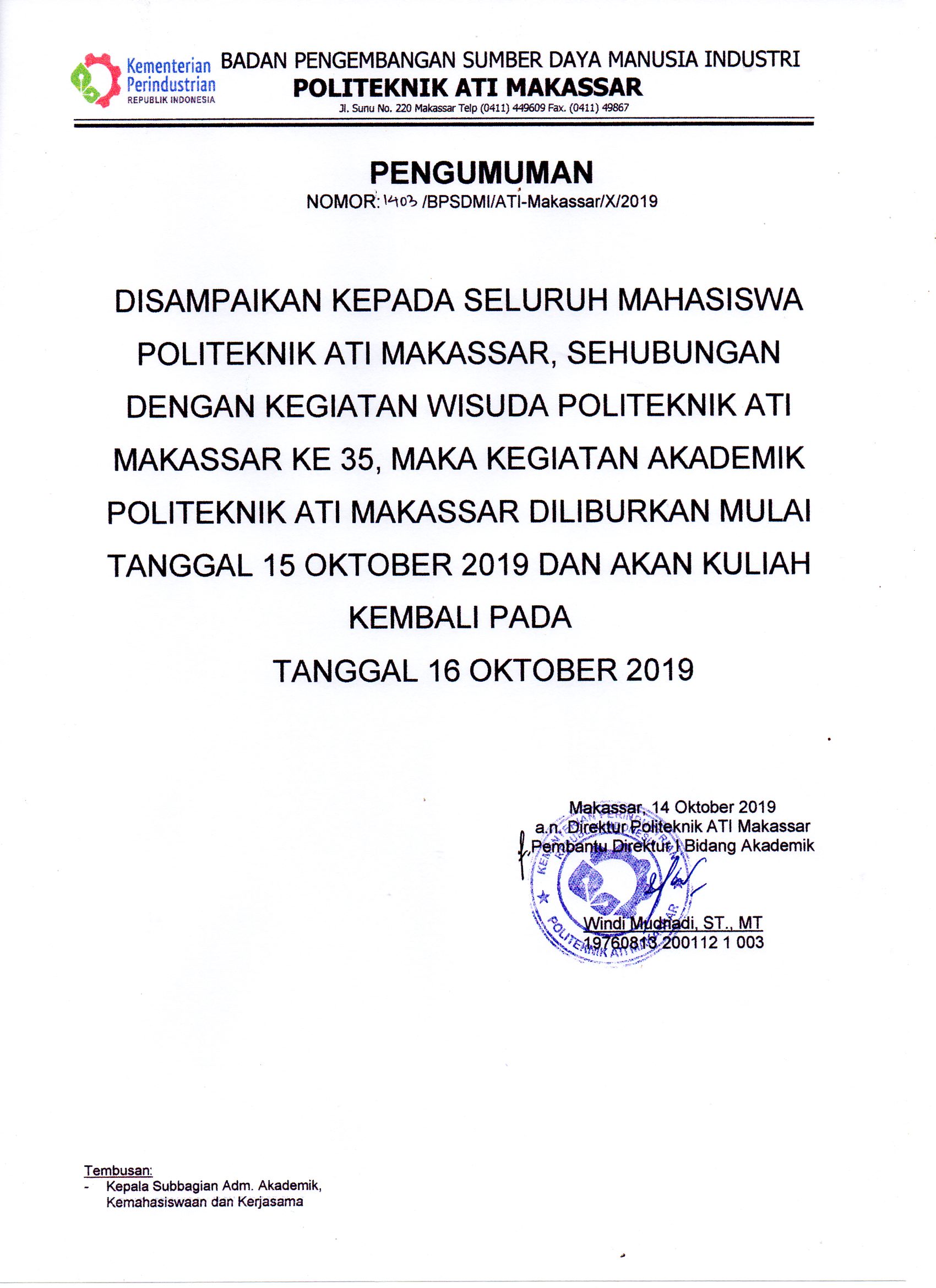 Pengumuman Wisuda TA 2019/2020 Politeknik ATI Makassar