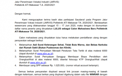 Pengumuman Kelulusan Seleksi Wawancara Jalur Jarvis TA 2020/2021