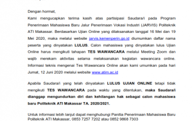 PENGUMUMAN TES WAWANCARA JALUR JARVIS 2020