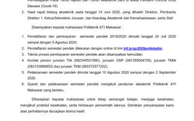 Pengumuman Pendaftaran dan Pembayaran Semester Pendek TA 2019/2020