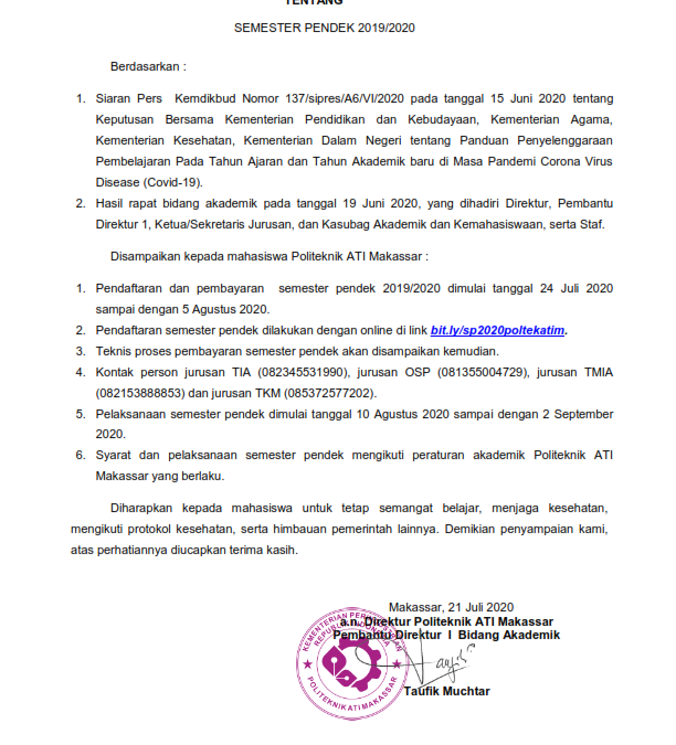 Pengumuman Pendaftaran dan Pembayaran Semester Pendek TA 2019/2020