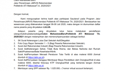 Pengumuman Kelulusan Jalur JARVIS Rekomendasi TA 2020/2021
