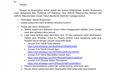 Pengumuman Jadwal Tes Wawancara Jalur Jarvis Rekomendasi Sekolah dan Rekomendasi Industri TA 2020/2021