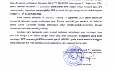 PENGUMUMAN PEMBAYARAN SPP DAN PENGISIAN KRS SEMESTER GANJIL TA 2020/2021
