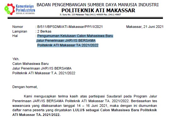 Pengumuman kelulusan calon mahasiswa baru jalur penerimaan JARVIS BERSAMA T.A 2021/2022