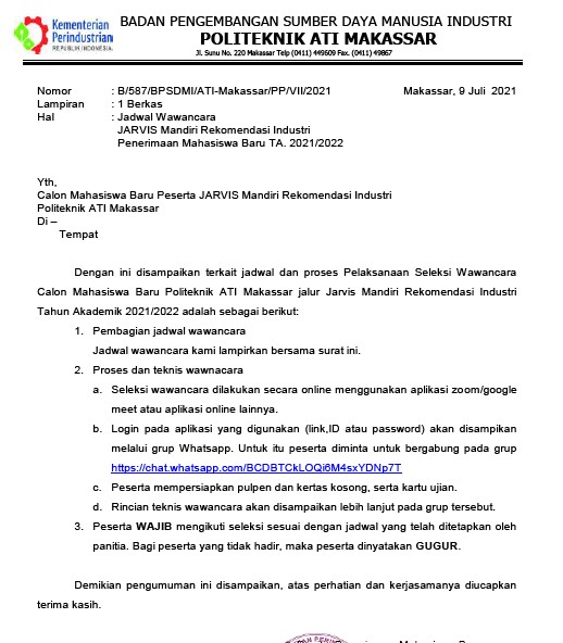 Pengumuman Jadwal Wawancara JARVIS Mandiri Rekomendasi Industri Penerimaan Mahasiswa Baru TA.2021/202