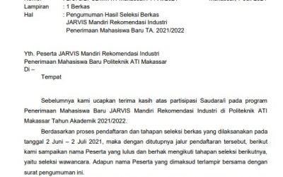 Pengumuman Hasil Seleksi Berkas JARVIS Mandiri Rekomendasi Industri Penerimaan Mahasiswa Baru TA. 2021/2022