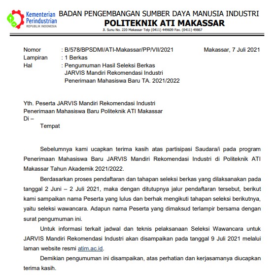 Pengumuman Hasil Seleksi Berkas JARVIS Mandiri Rekomendasi Industri Penerimaan Mahasiswa Baru TA. 2021/2022