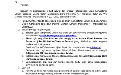 Pengumuman Peserta dan Jadwal Seleksi Kompetensi Umum Berbasis Online Calon Mahasiswa Baru Politeknik ATI Makassar Jalur JARVIS Mandiri Reguler (UMUM) T.A 2021/2022