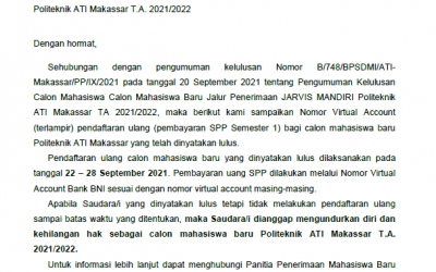 Nomor Virtual Account Pendaftaran Ulang (Pembayaran SPP Semester 1) Calon Mahasiswa Baru Yang Dinyatakan Lulus jalur Penerimaan JARVIS MANDIRI Politeknik ATI Makassar TA 2021/2022