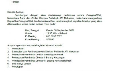 Undangan Pertemuan antara Orangtua/Wali, Mahasiswa Baru, dan Civitas Kampus Politeknik ATI Makassar