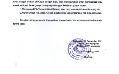 PENGUMUMAN PENGGUNAAN ACCOUNT EMAIL DENGAN DOMAIN ATIM.AC.ID