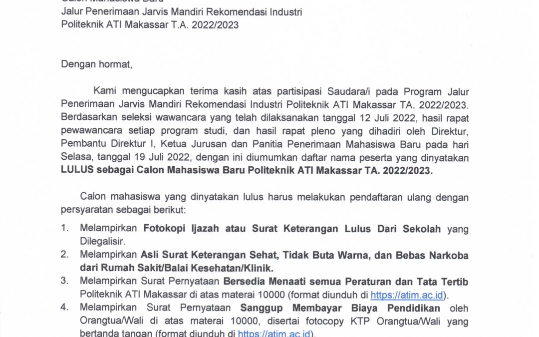 Pengumuman Kelulusan Seleksi Wawancara Jalur Jarvis Mandiri Rekomendasi Industri T.A 2022/2023