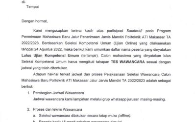 Pengumuman Hasil Seleksi Kompetensi Umum (Ujian Online) Jalur Penerimaan JARVIS Mandiri Politeknik ATI Makassar TA 2022/2023