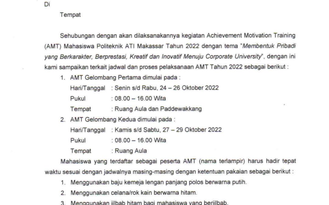 Pengumuman Pelaksanaan Achievement Motivation Training (AMT) Mahasiswa Politeknik ATI Makassar Tahun 2022