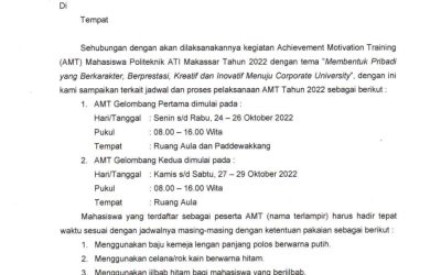 Pengumuman Pelaksanaan Achievement Motivation Training (AMT) Mahasiswa Politeknik ATI Makassar Tahun 2022